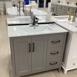 36” Bathroom Vanity Cabinet New PVC With White Top Sink Integrated Softclose Drawers Doors Ready For Pick Up Today