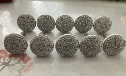 Lot 10 Ceramic White Gray Pattern Silver Screw Drawer Dresser Pull Cabinet Knobs brand new without box