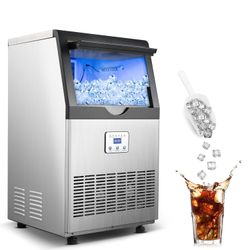 90LBS/24H Commercial Ice Maker Machine, Undercounter or Freestanding Stainless Steel Ice Machine with 25LBS Storage, 32 Cubes/Cycle, Self-Cleaning & Q
