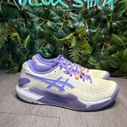 ASICS Gel-Resolution 9 Women 8 Wide Tennis Shoes Cream Purple 1042A226
