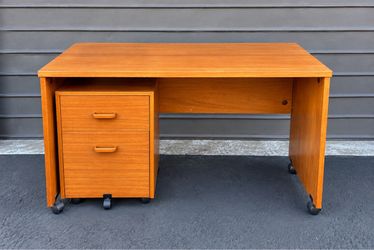 Teak Desk with Mobile 2-Drawer Filing Cabinet on Casters