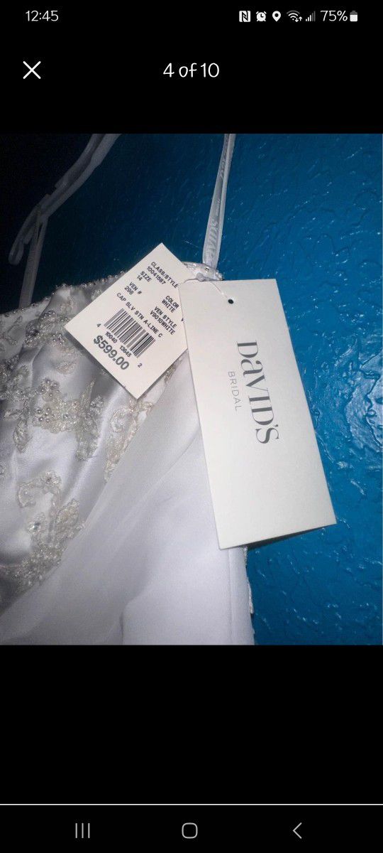 Size 14 WEDDING DRESS DAVIDS BRIDAL A LINE Satin W/CHIFFON Beaded Split