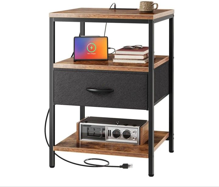 Night Stand with Charger Station, 27.7 Inch Tall Nightstand with Adjustable Fabric Drawer, Bed Side Table, Fabric Drawer Dresser for Bedroom, Living