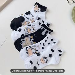  Pairs Women'S Cute Cow Print Socks - Soft Breathable Low-Cut Casual & Fashionable Animal Design with Cow & Milk Bottle Patterns, & Dots