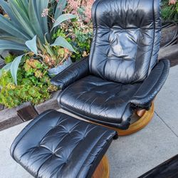 Vintage Ekornes Recliner Chair Stressless Reclining Lounge Seat w Ottoman Black Tufted Leather  
