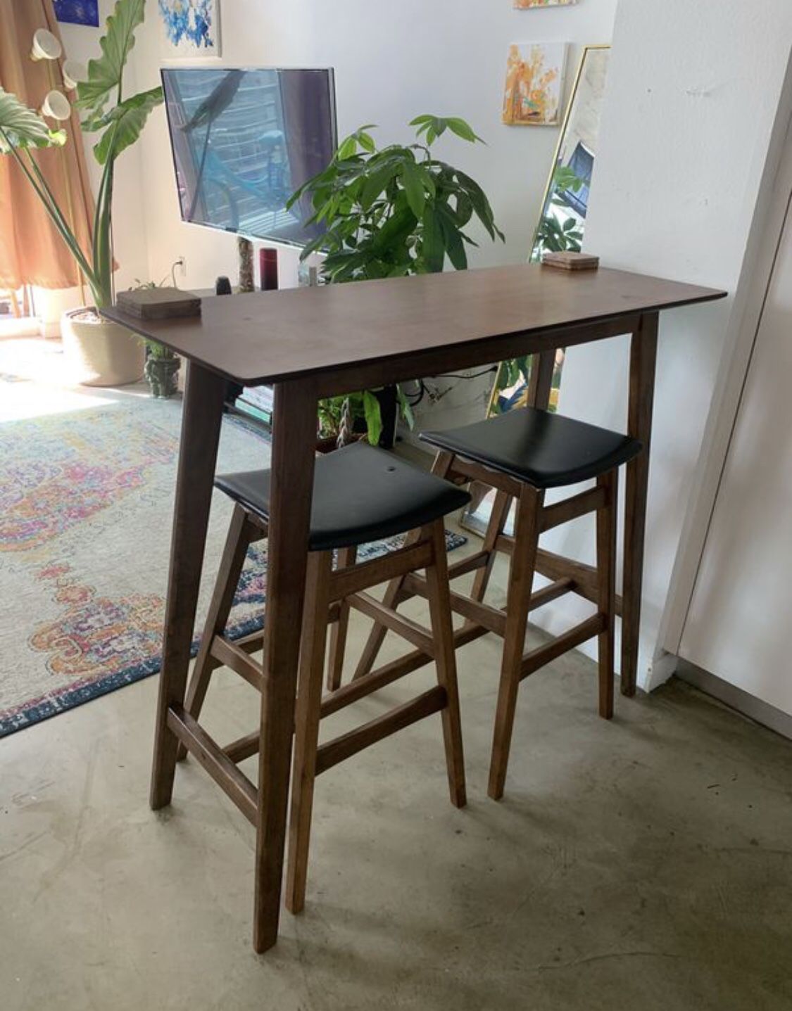Tall Wooden Dining Table with 2 Bar Stools