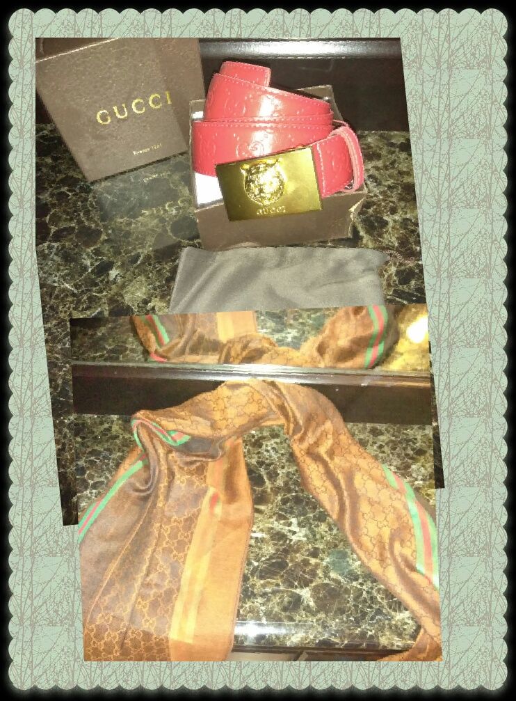 Red Gucci belt and scarf