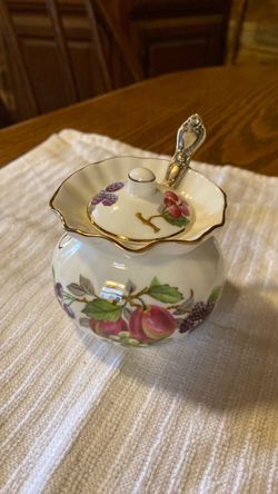 Vintage English Fine Bone China Jam Pot Fruit Pattern Gold Trim 2.5" x 3" w/ Silverplate Spoon