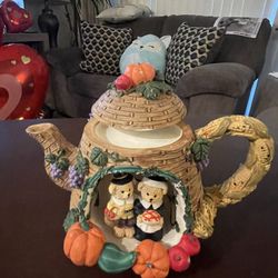 Fall Harvest Decorative Teapot Thanksgiving Bears Candle Holder