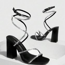 Black Rhinestone Chunky Heels