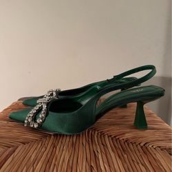 Zara Emerald Green Satin Slingback Heels with Crystal Bow size 38