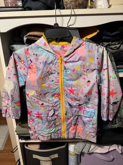 Girls Unicorn Print Zip-Up Windbreaker Rain coat Jacket size 4/5