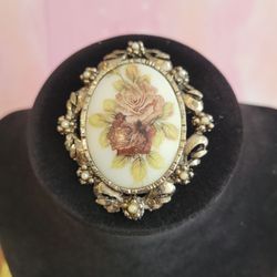 Vintage Filigree Floral Roses Cameo Goldtone Faux Pearl Beads Brooch Pendant 2×2.25" Large F10
