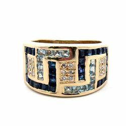 Woman’s Ladies 14k Yellow Gold Wide Band Greek Key Light Blue, Dark Blue and White Stone Ring Size 7 GP3132701