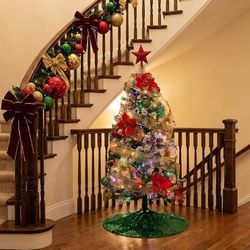 44 Pcs 4 ft Half Christmas Tree for Wall Corner Christmas Tree with Xmas Ball Light String Icicle Flowers Snowflake Ribbon Top Star for Holiday Indoor