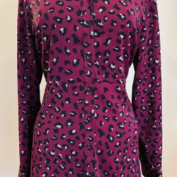 Susan Graver Black and Tan Leopard over Burgundy Bottom Down Shirt Dress, Large