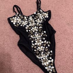 New Small Black Mesh Sheer Embroidered Floral See through Bodysuit Lingerie Festival 