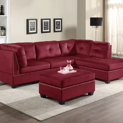 Sienna - Red Velvet Sectional + Ottoman Set