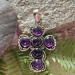 Large Natural Amethyst Sterling Silver 2.4” Cross Pendant
