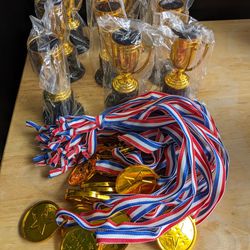 24 Plastic Medals And 9 Trophy Prizes