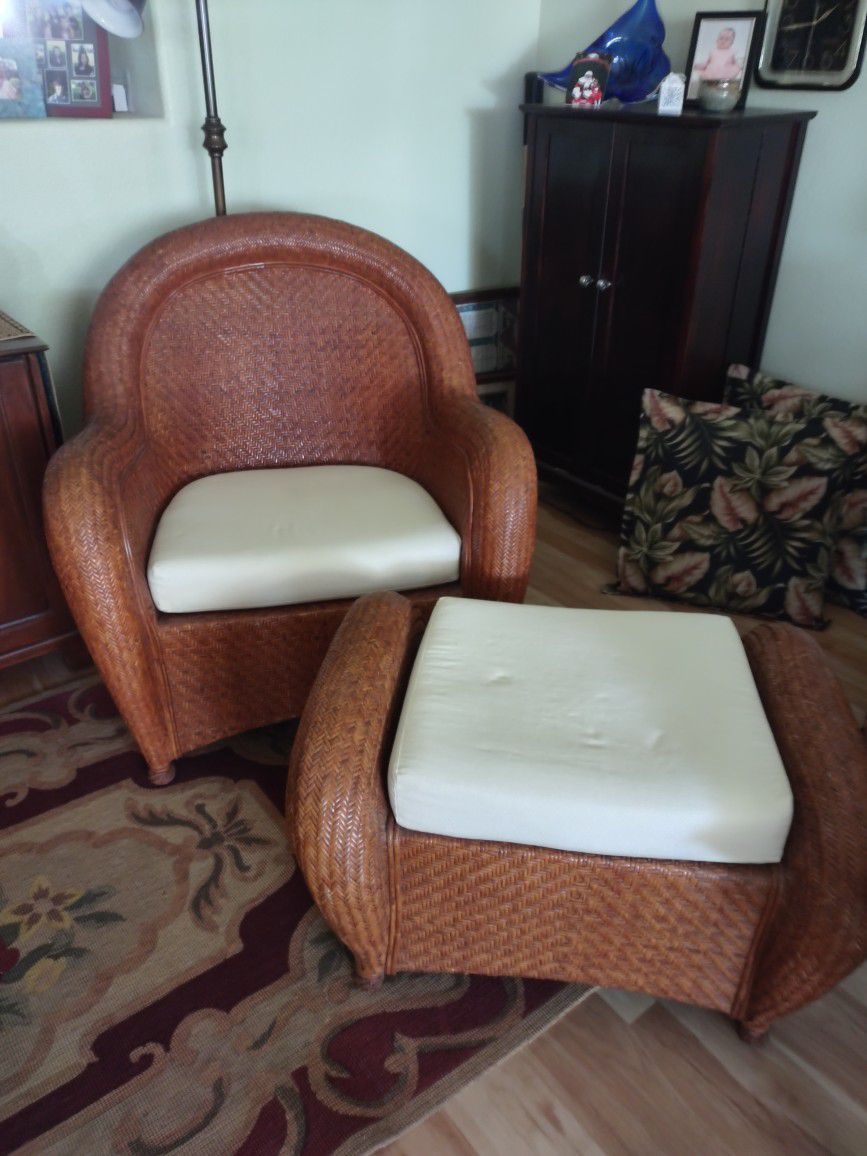 Pottery Barn Rattan Chair and Ottoman