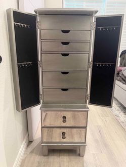 Silver Standing Jewelry Armoire Cabinet