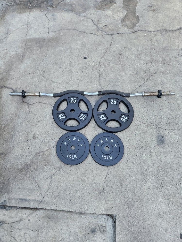 Curl Bar With Cushion Grips & 70lbs Weight Plates