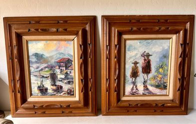 18" Impasto Oil Paintings by M. Pineda- Vintage Mid-Century Pair