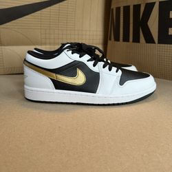 AIR JORDAN 1 LOW MEN'S WHITE / METALLIC GOLD-BLACK 553558 172 SIZE 9