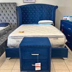Melody Blue 4 Piece Queen Bedroom Set ▪️Queen Bed/Dresser/Mirror/Nightstand ❤️$10 Down Payment Finance ▪️Brand New 