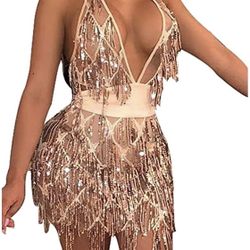 Glitter Sexy Deep V Neck Sequin Beaded Halter Bodycon Mini Nightclub Party Dress