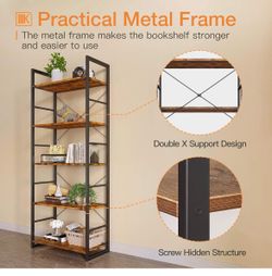 5 Tier Bookshelf, Industrial Open Bookcase Storage Organizer, Modern Tall Book Shelf for Bedroom, Living Room and Home Office, Rustic Brown