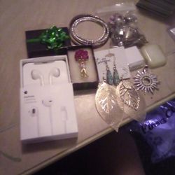 Apple Ear Pods ,Apple Watch Covers 2, Roses Pendant, 2 Pair Earrings, Bracelets, 1 Bag Of Miscellaneous Jewelry And Star 