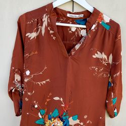 Rust Brown Floral Blouse Tunic Size S