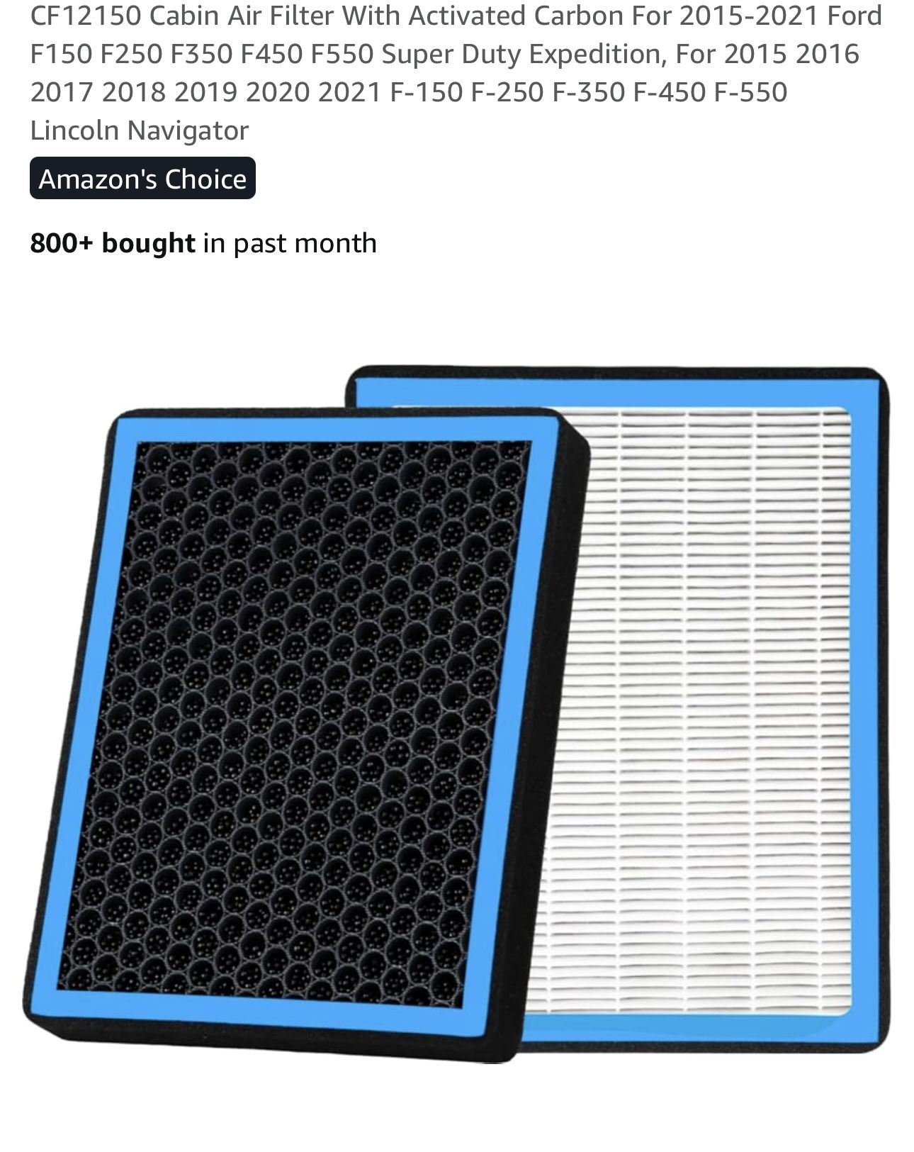 CF12150 Cabin Air Filter With Activated Carbon For 2015-2021 Ford F150 F250 F350 F450 F550 Super Duty Expedition, For 2015 2016 2017 2018 2019 2020 20
