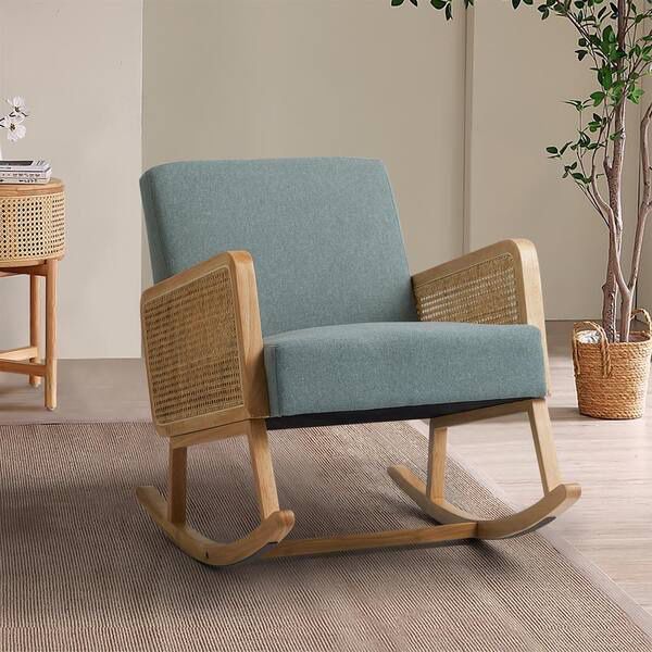 Modern Wood Rocking Chair with Rattan Arms Green