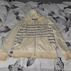 MONCLER RAIN HOODIE WHITE WITH BLACK STRIPS AND CLEAR FABRIC AROUND