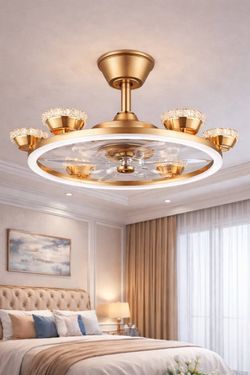 Gold Chandelier Ceiling Fan with LED Light, 6 Speeds, Remote