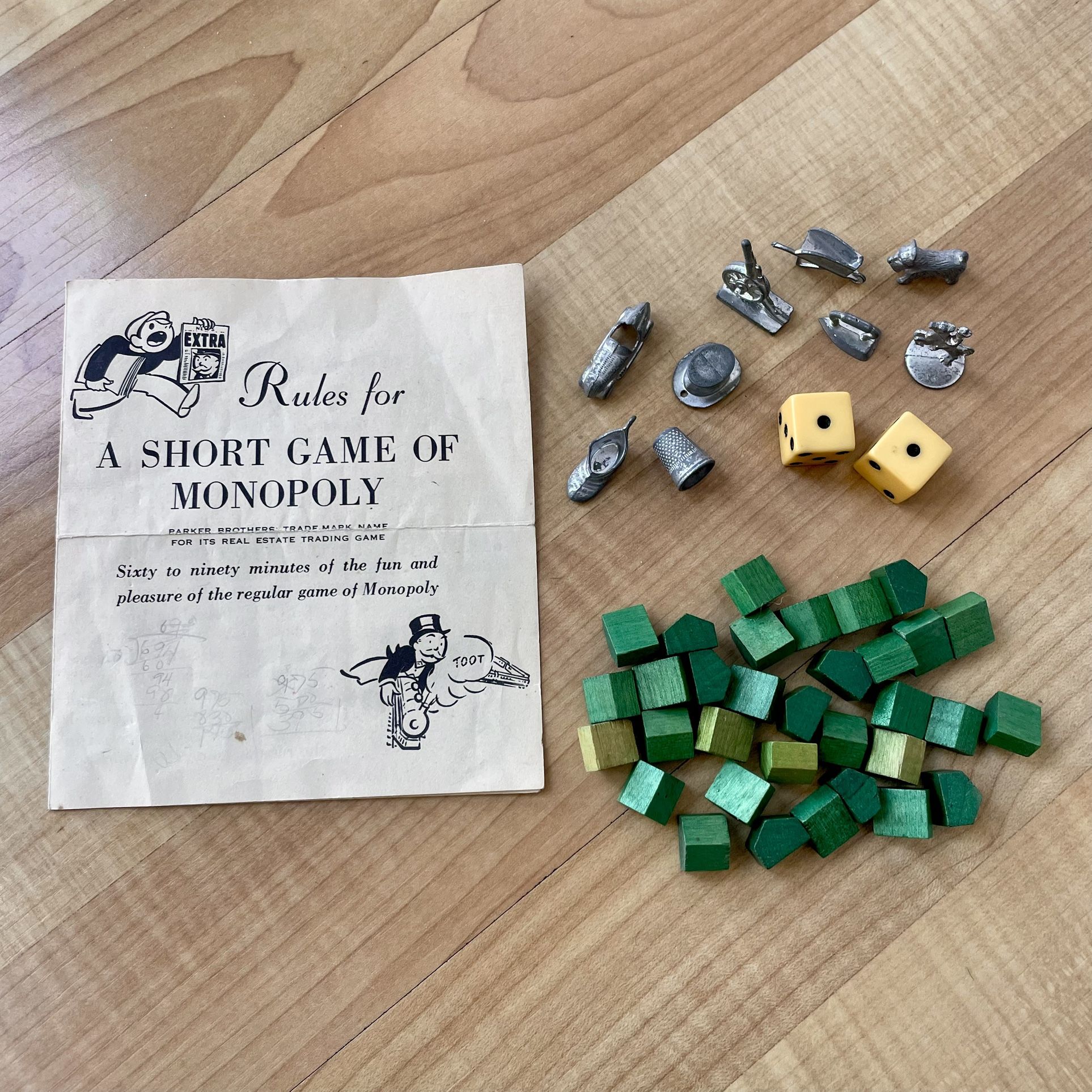 Vintage Monopoly Game Parts, 33 Wooden Houses, 2 Dice, 9 Tokens & 1 Rules Guide