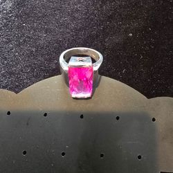 Sterling Silver Ring 925 with Bright Pink Rectangular Gemstone Size 7