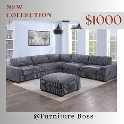 Large Sectional Sofa - 6pc Modular Sectional $1000 - Dark Grey Or Light Beige Soft Corduroy Fabric