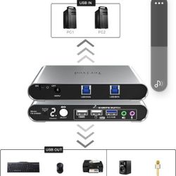 USB Switch Selector with Audio and Microphone, Hotkey Switch, Digital Display, Aluminum Shell, 2 Computers Sharing 3 USB Devices for PC Printer Speake