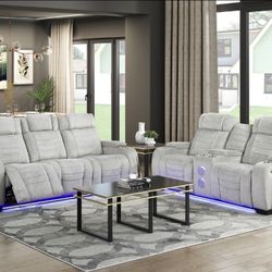 Gray Reclining Sofa And Loveseat With L.E.D And Bluetooth Speakers!! And Reading Light Cupholders Too