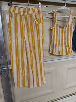 Girls Yellow Striped Wide-Leg Pants and Smocked Top Set