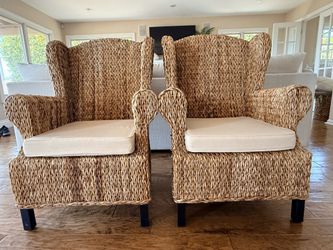Tommy Bahama Style- Coastal Woven Seagrass/Water Hyacinth Wingback Accent Chairs – Set of 2