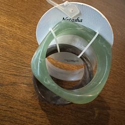 NEW Natasha Couture 3pc Green Black Off White Acrylic Resin Chunky Bangle Bracelets