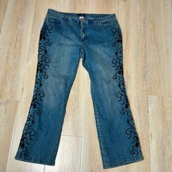 Denim 24/7 Womens 16W Blue Medium Wash Floral Embroidered Straight Leg Jeans