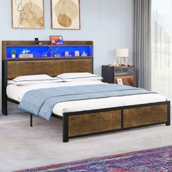 King Size Metal LED Platform Bed Frame with Storage Shelves, No Box Spring Required, Brown