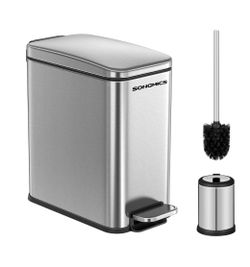 SONGMICS 1.3 Gallon Bathroom Trash Can w/ Toilet Brush Set - Silver