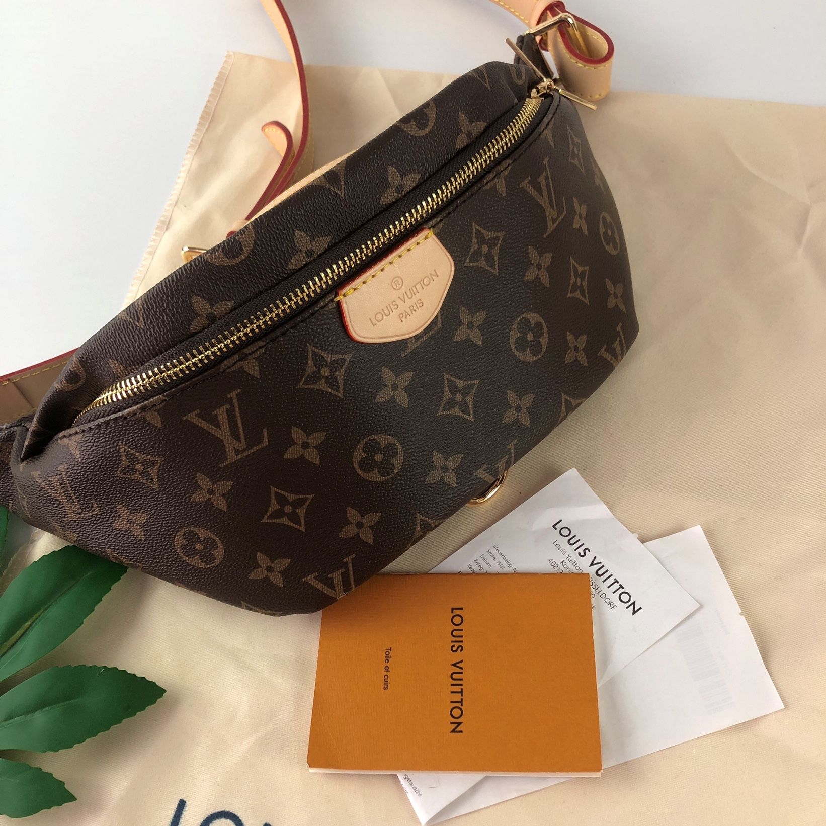 Louis Vuitton brown leather monogram canvas belt bag for Sale in